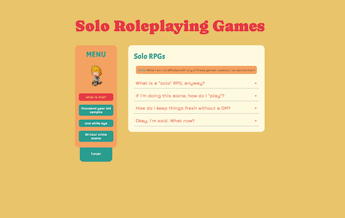 Screenshot of solo rpg page